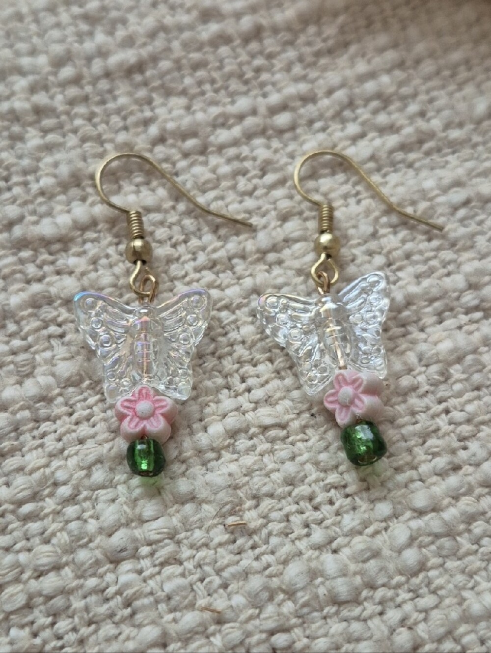 Gold Hook Glass Butterfly Drop Earrings with Pink Flower and Green Bead